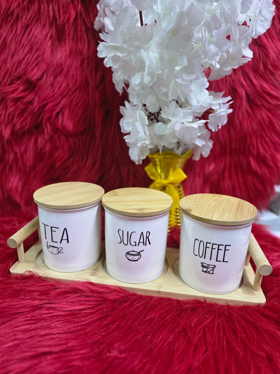 3pc Ceramic Canister Set with Bamboo Lids & Tray